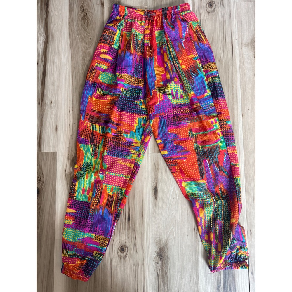 Vintage Reebok 90s Abstract Geometric Print Nylon Track Pants Multi Color Medium
